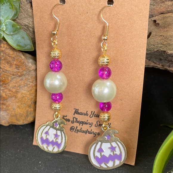 Gold Pink And Purple Pumpkin Dangle Earrings - Picture 4 of 8